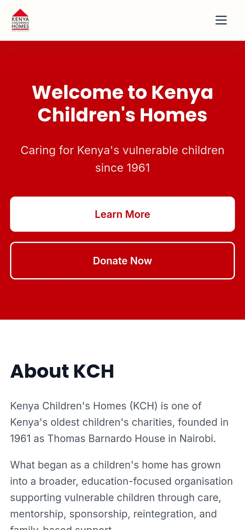 The Kenya Children's Homes homepage on a phone