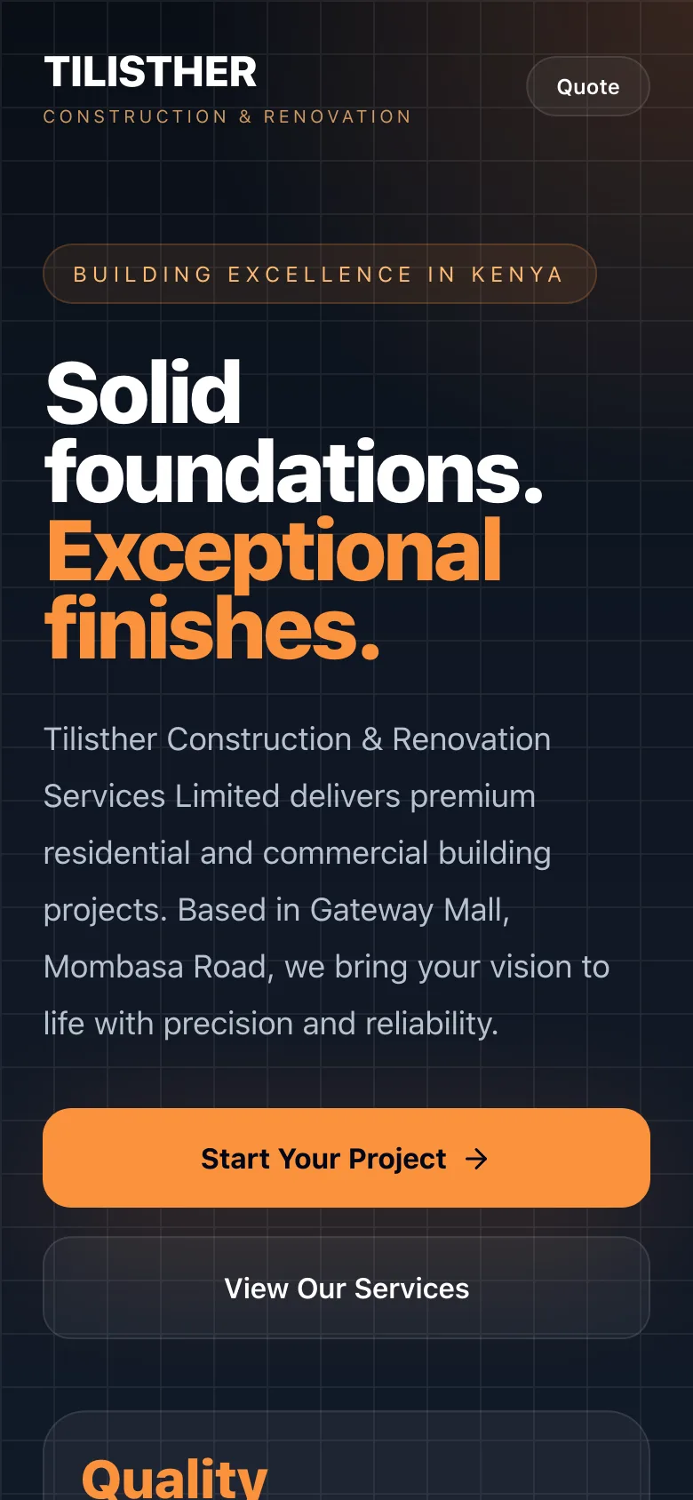 The Tilisther Construction homepage on a phone